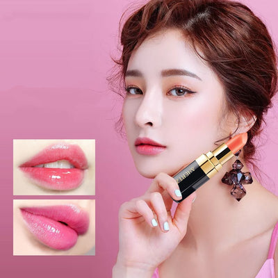 Model showcasing Euphorale lipstick Shopify with pink shades and swatches on lips against a pink background.