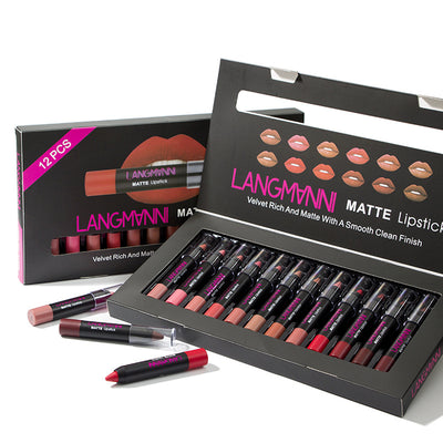 12 color lipstick set featuring 12 matte lipsticks with a velvet finish in a convenient box.