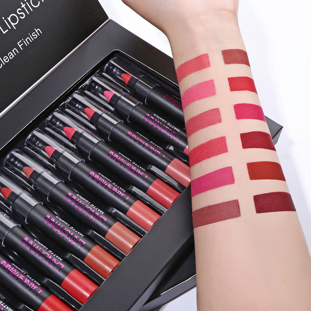 12 color lipstick set featuring swatches of vibrant shades on a hand next to displayed lipstick tubes in a sleek box.