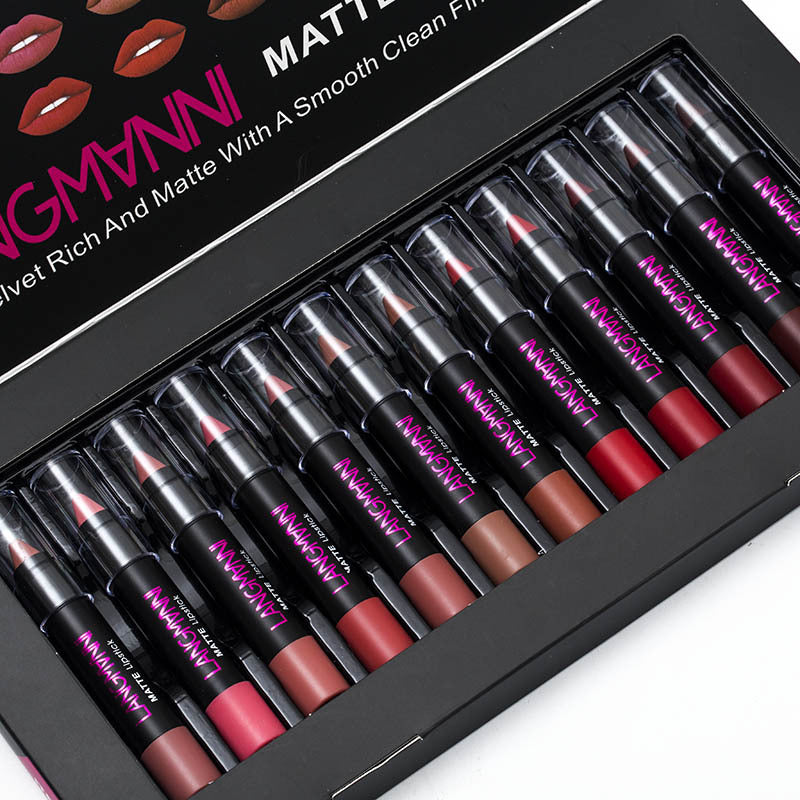 12 color lipstick set displaying various shades in a sleek black packaging with matte finish.