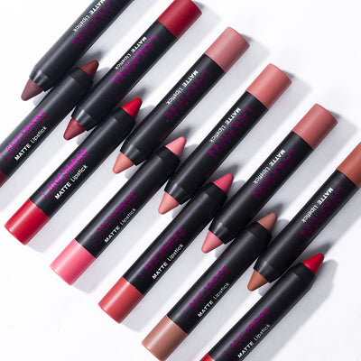 12 color lipstick set featuring various shades of matte lipsticks in durable black packaging.