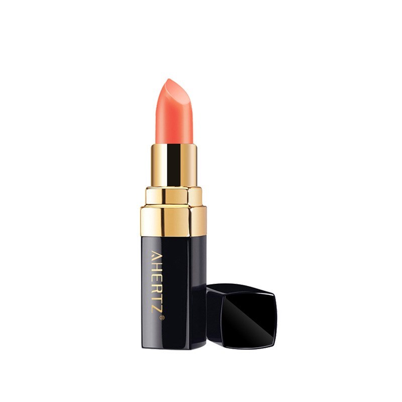 Euphorale lipstick Shopify in a black and gold tube with a coral-colored lipstick bullet exposed.